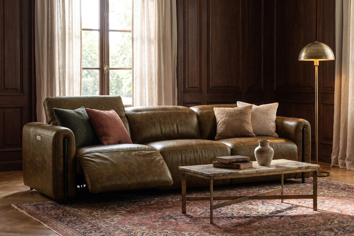 Octavia Distressed Italian Aniline Leather Dual Reclining Sofa