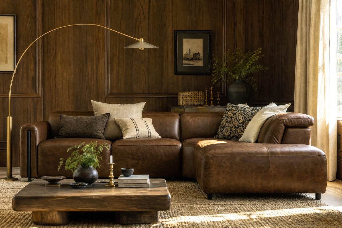 Octavia Distressed Italian Aniline Leather Reclining Corner Sectional Sofa