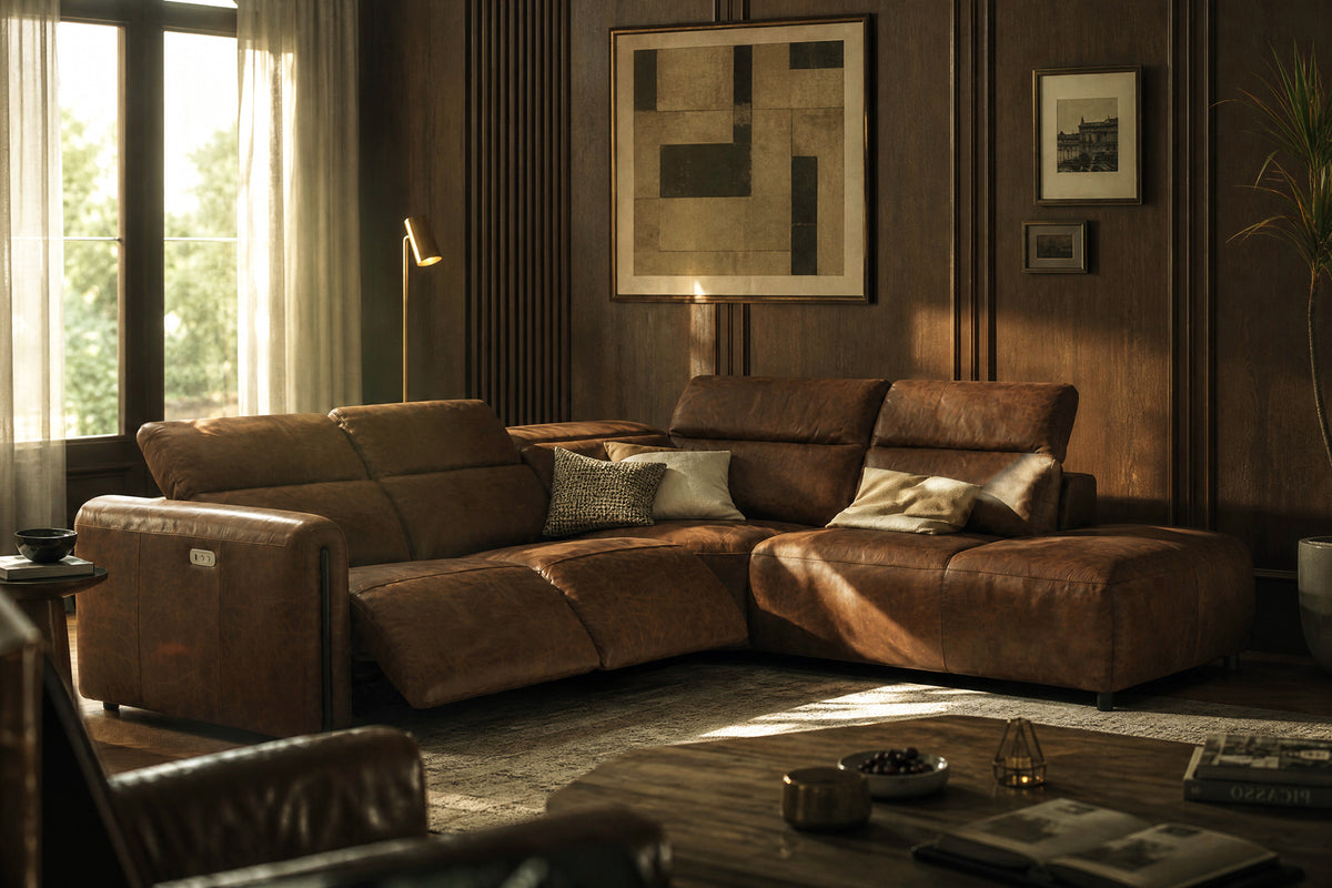 Octavia Distressed Italian Aniline Leather Reclining Corner Sectional Sofa