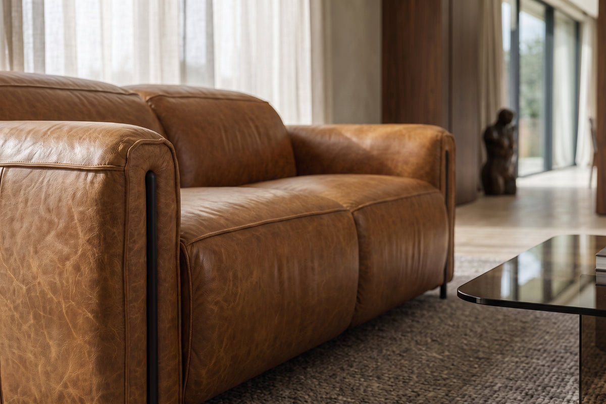 Octavia Distressed Italian Aniline Leather Dual Reclining Sofa