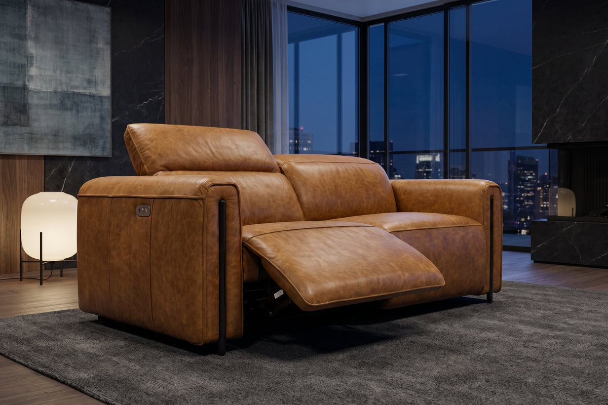 Octavia Distressed Italian Aniline Leather Dual Reclining Sofa