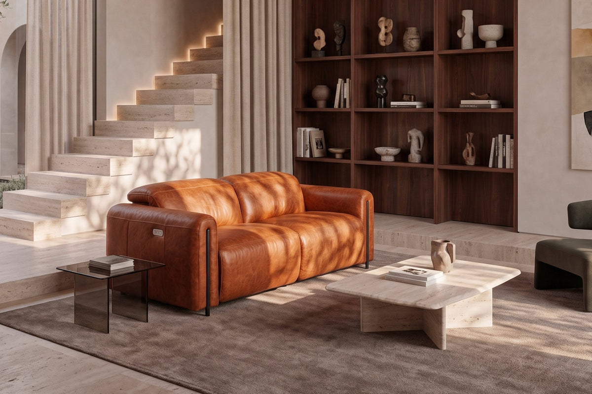 Octavia Distressed Italian Aniline Leather Dual Reclining Sofa