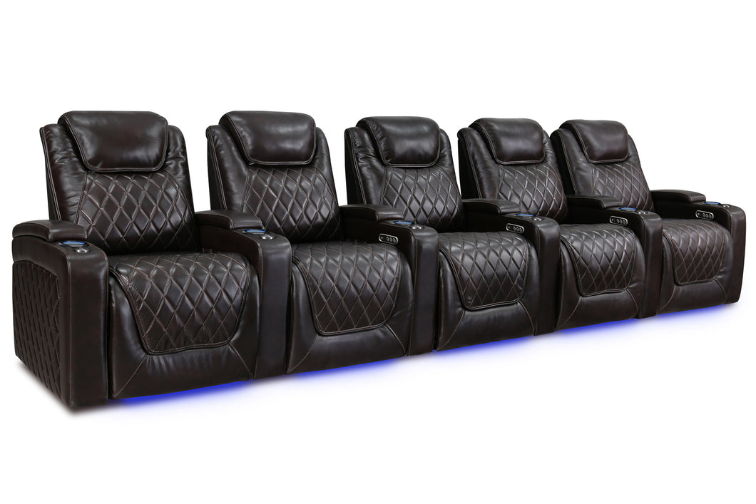 Valencia 2025 New Oslo Leather Home Theater Seating Row of 5, Dark Chocolate