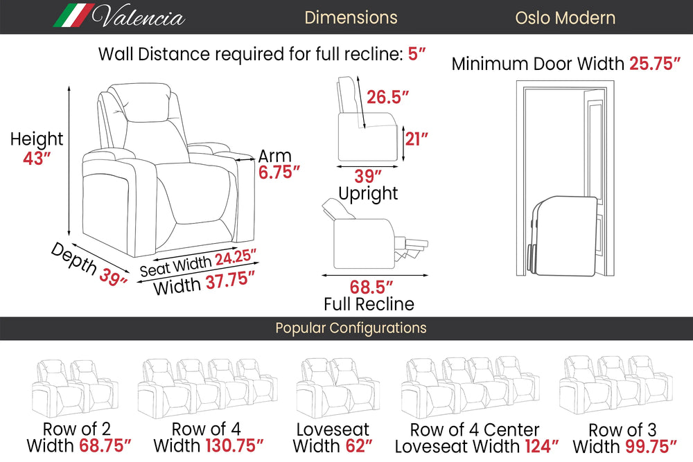 Valencia Oslo Modern Home Theater Seating Row of 2 Loveseat, Midnight Black