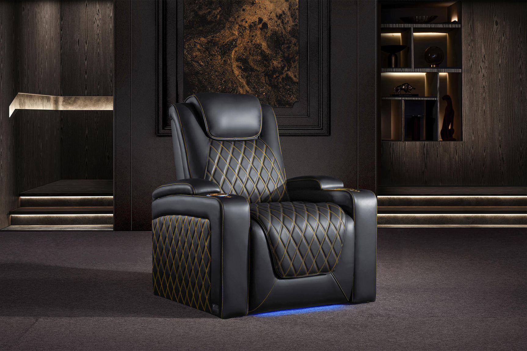Valencia 2025 New Oslo Ultimate Luxury Leather Home Theater Seating Row of 2 Loveseat, Onyx with Gold Stitching