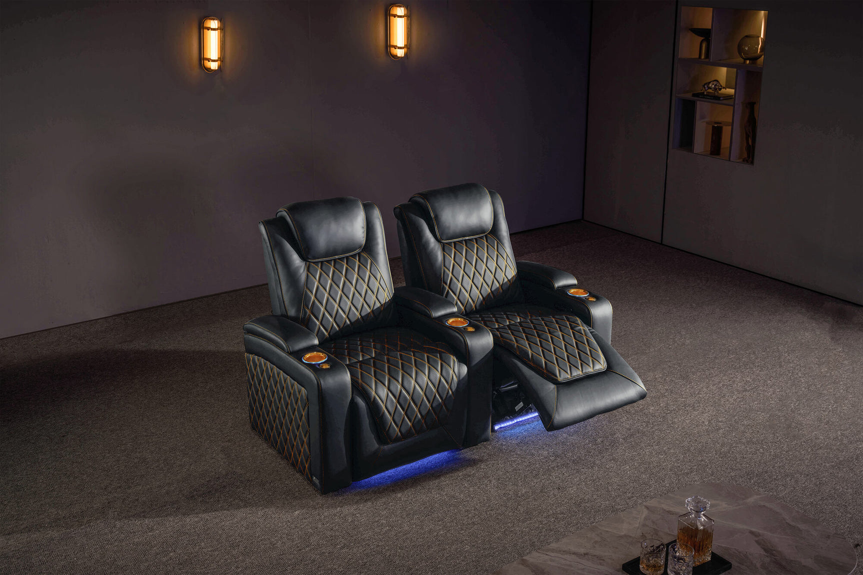 Valencia 2025 New Oslo Ultimate Luxury Leather Home Theater Seating Row of 2 Loveseat, Onyx with Gold Stitching