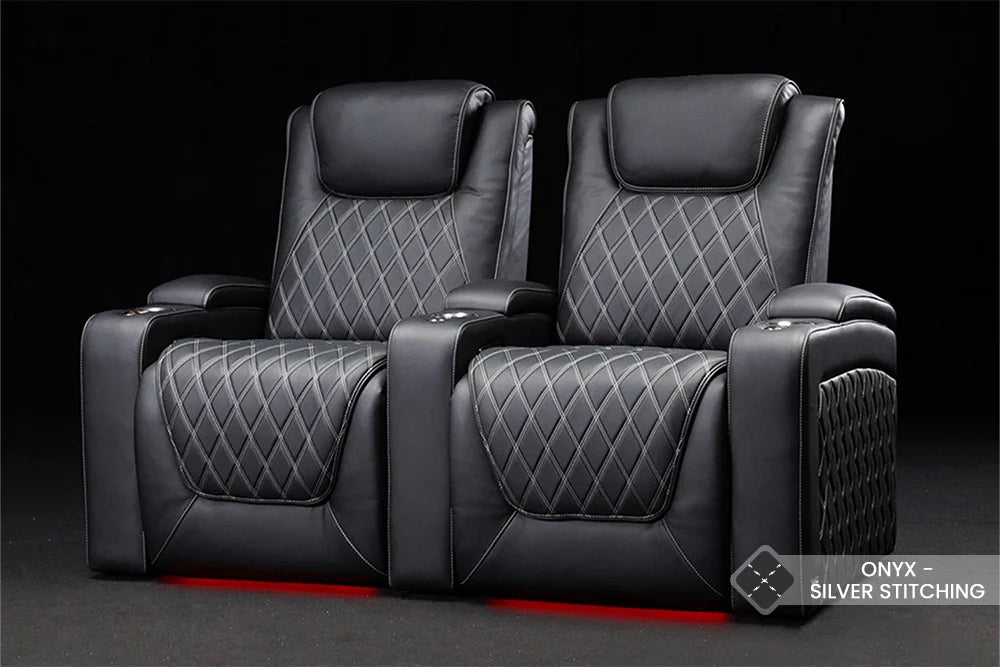 Valencia Oslo Ultimate Luxury Leather Home Theater Seating Row of 3, Onyx with Silver Stitching