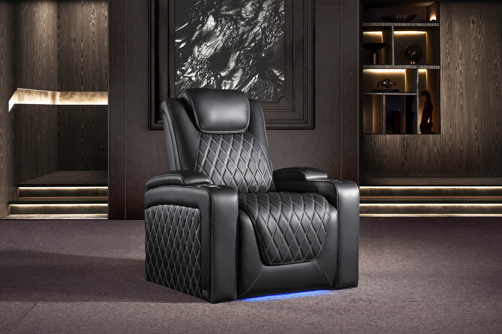 Valencia 2025 New Oslo Ultimate Luxury Leather Home Theater Seating Row of 4 Loveseat Center, Onyx with Silver Stitching