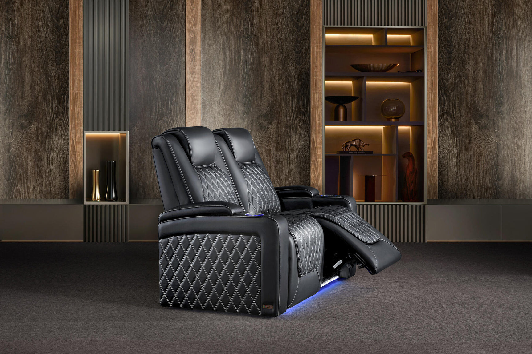 Valencia 2025 New Oslo Ultimate Luxury Leather Home Theater Seating Row of 4 Loveseat Center, Onyx with Silver Stitching