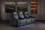 Valencia 2025 New Oslo Ultimate Luxury Leather Home Theater Seating Row of 4 Loveseat Center, Onyx with Silver Stitching