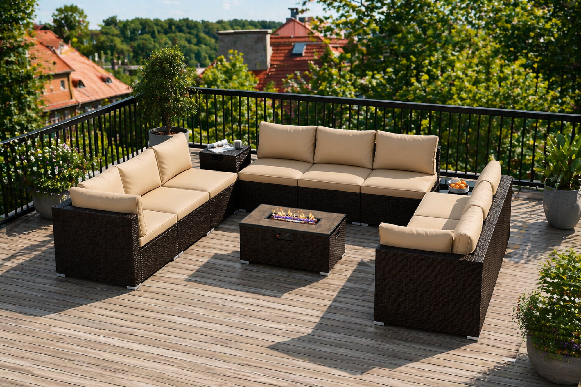 Outdoor PE Rattan Conversation Set with 32” Propane Fire Pit Table and Tank Holder