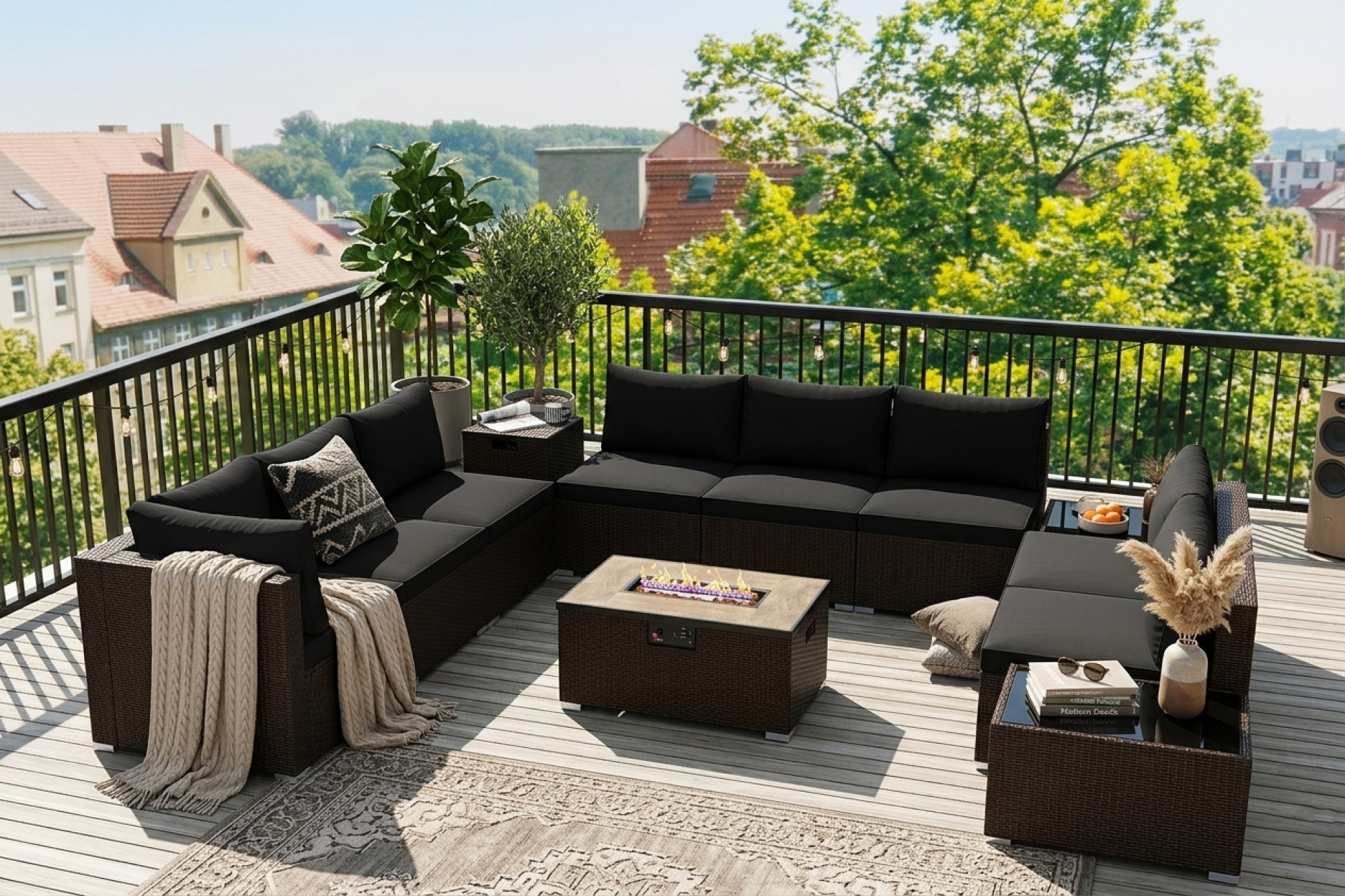 Outdoor PE Rattan Conversation Set with 32” Propane Fire Pit Table and Tank Holder