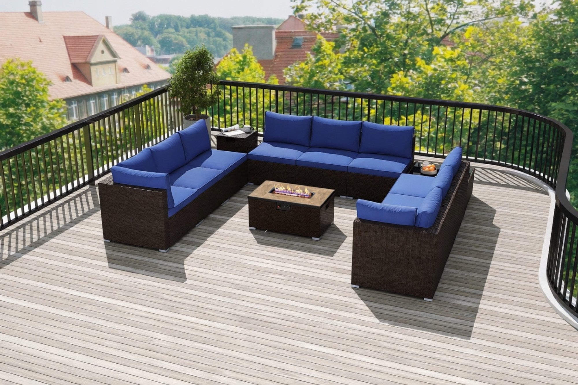 Outdoor PE Rattan Conversation Set with 32” Propane Fire Pit Table and Tank Holder