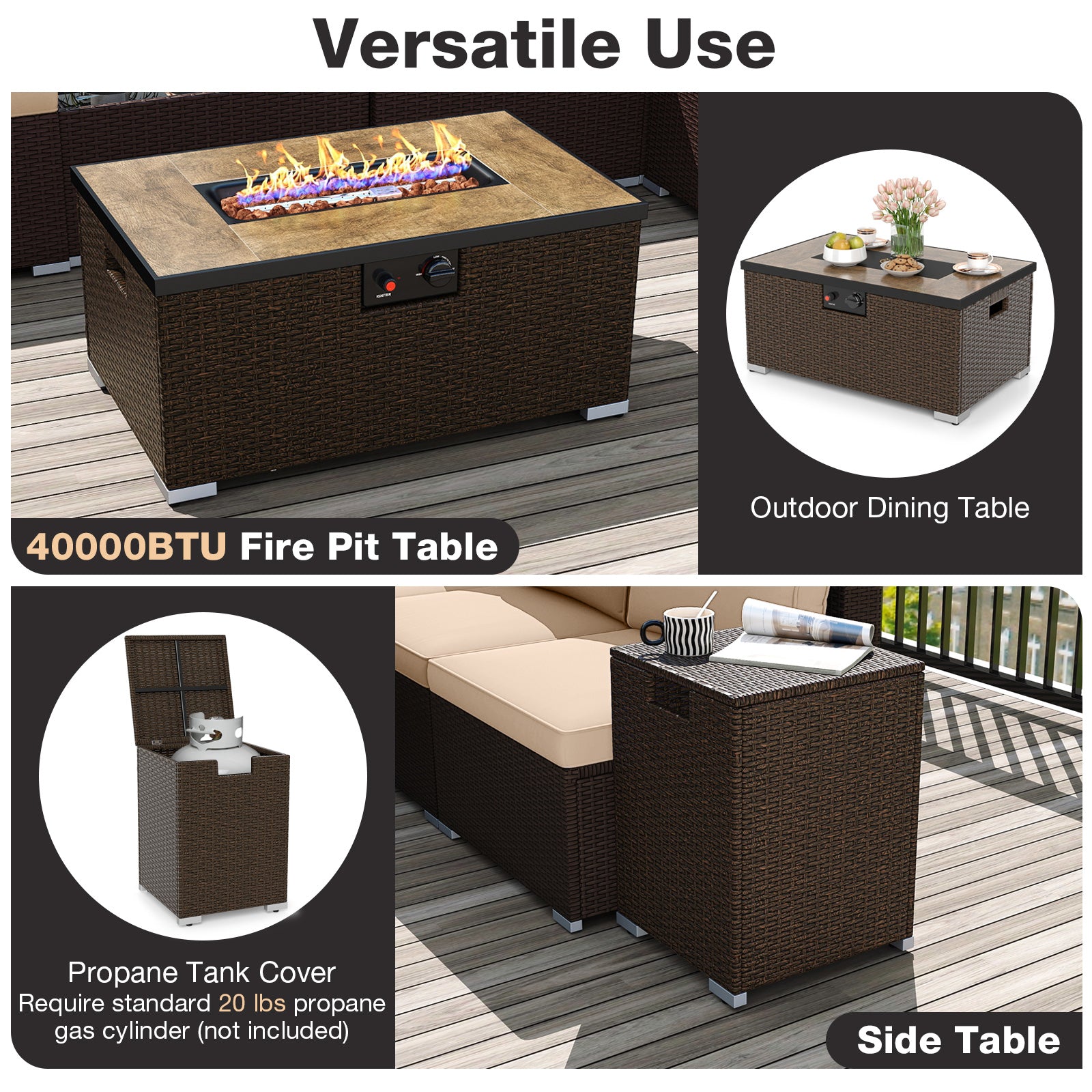 Outdoor PE Rattan Conversation Set with 32” Propane Fire Pit Table and Tank Holder