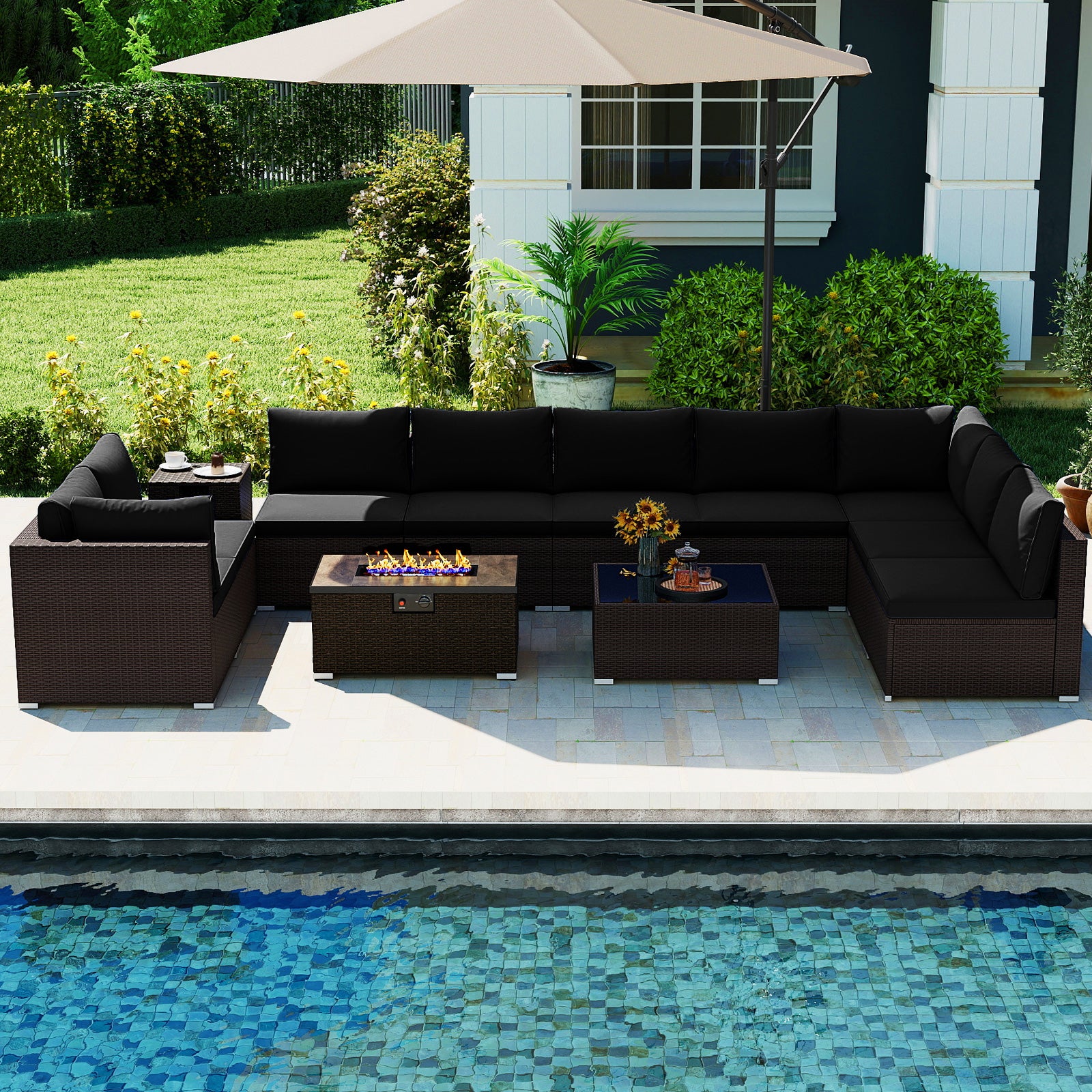 Outdoor PE Rattan Conversation Set with 32” Propane Fire Pit Table and Tank Holder