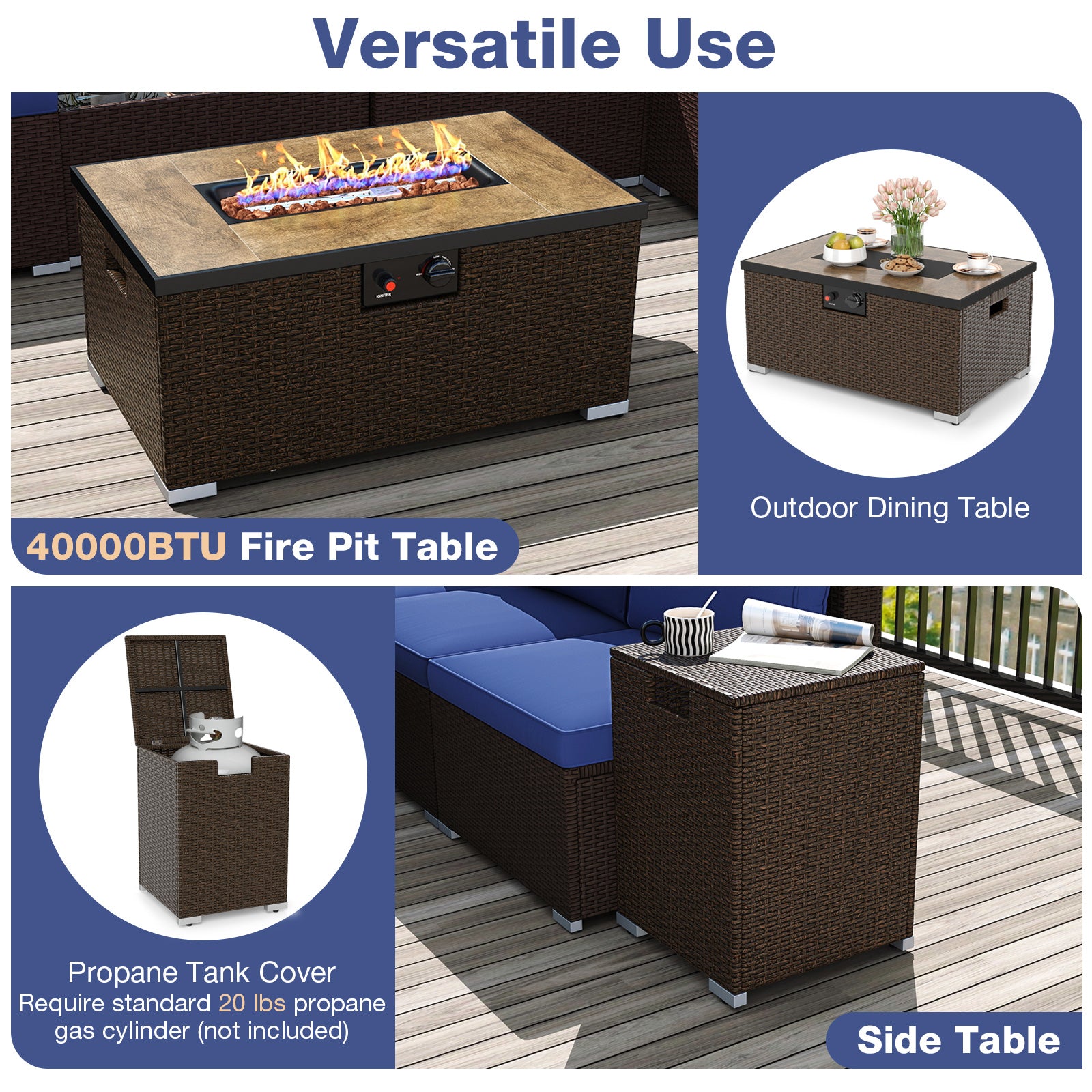 Outdoor PE Rattan Conversation Set with 32” Propane Fire Pit Table and Tank Holder