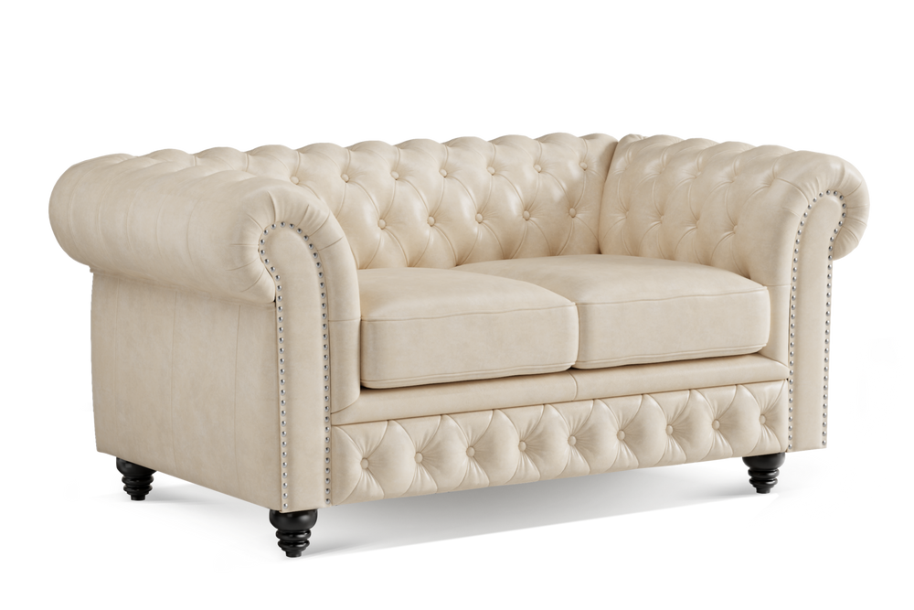 Valencia Parma 64" Full Aniline Leather Chesterfield Loveseat Sofa, Antique White