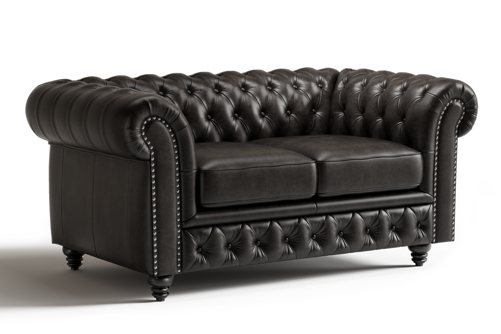 Valencia Parma 64" Full Aniline Leather Chesterfield Loveseat Sofa, Black