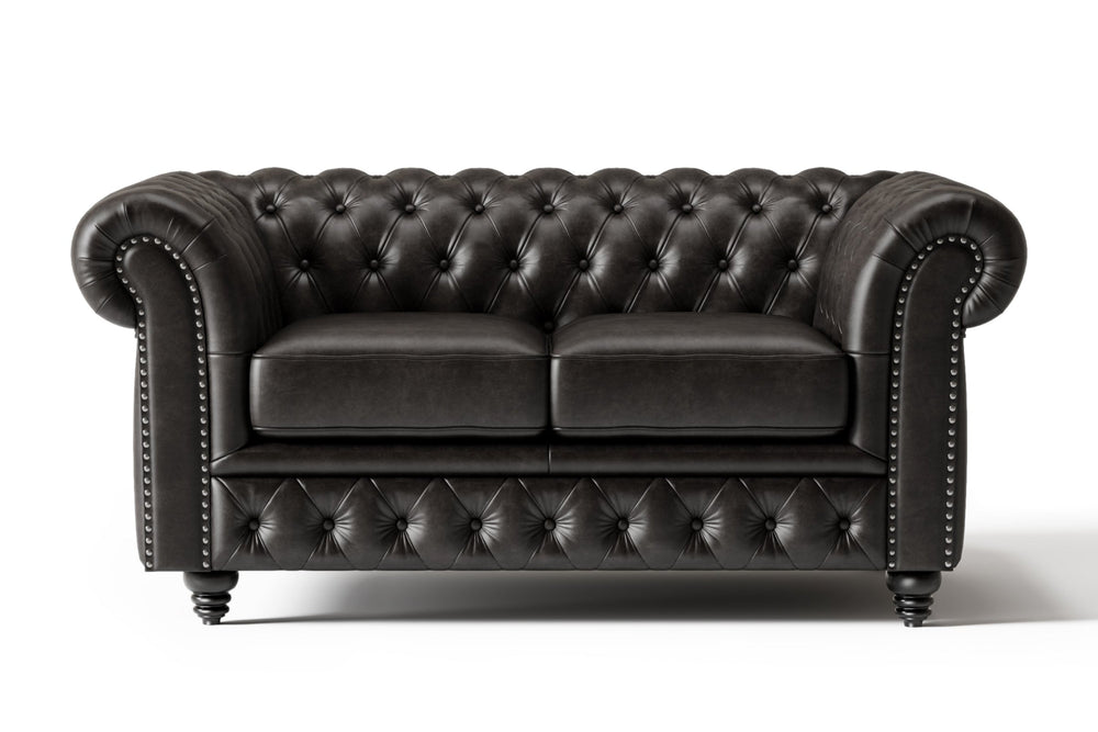 Valencia Parma 64" Full Aniline Leather Chesterfield Loveseat Sofa, Black