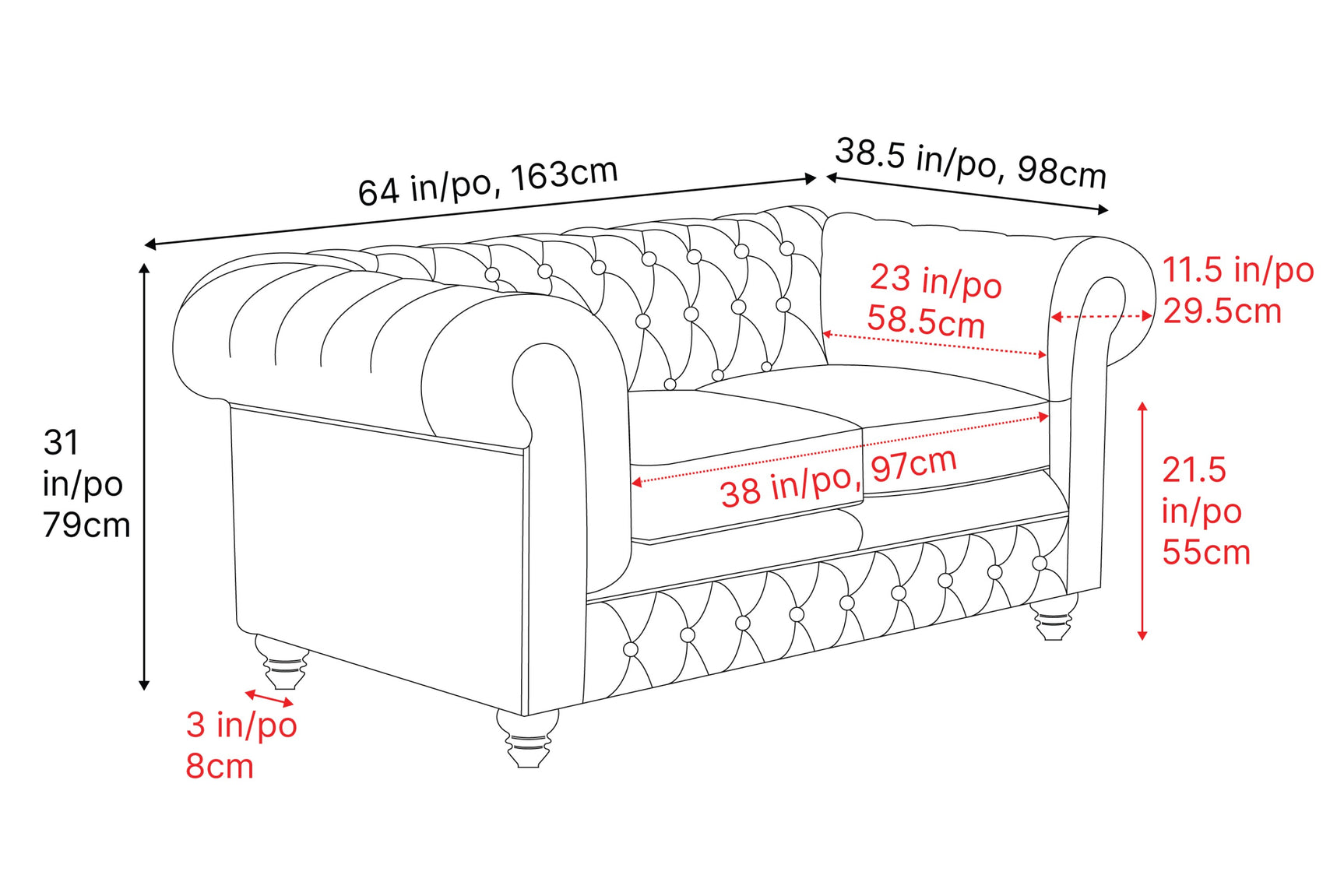 Valencia Parma 64" Full Aniline Leather Chesterfield Loveseat Sofa