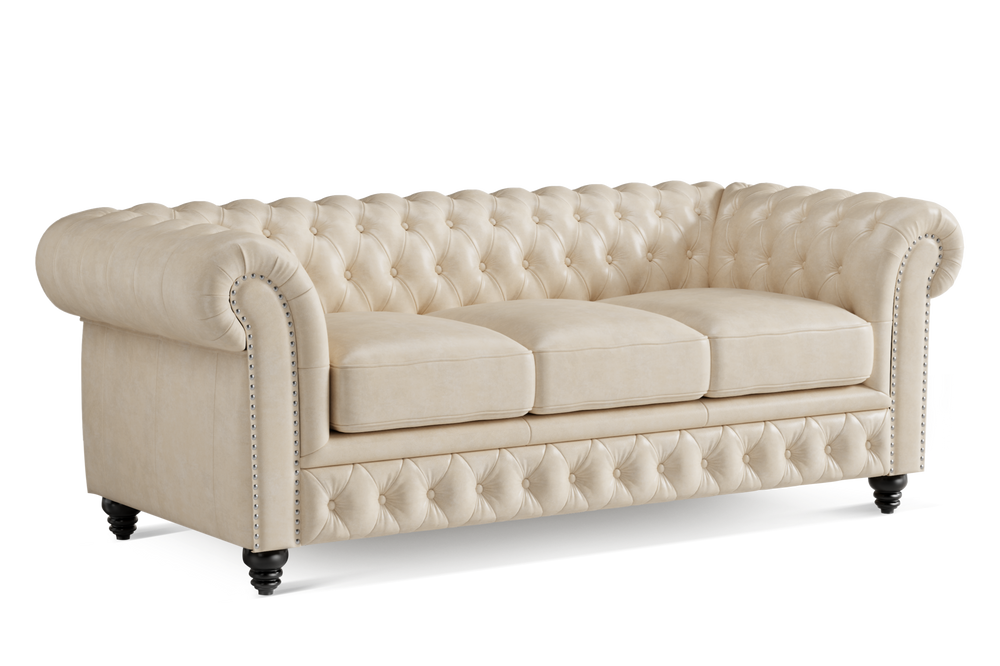 Valencia Parma 82" Full Aniline Leather Chesterfield Three Seats Sofa, Antique White