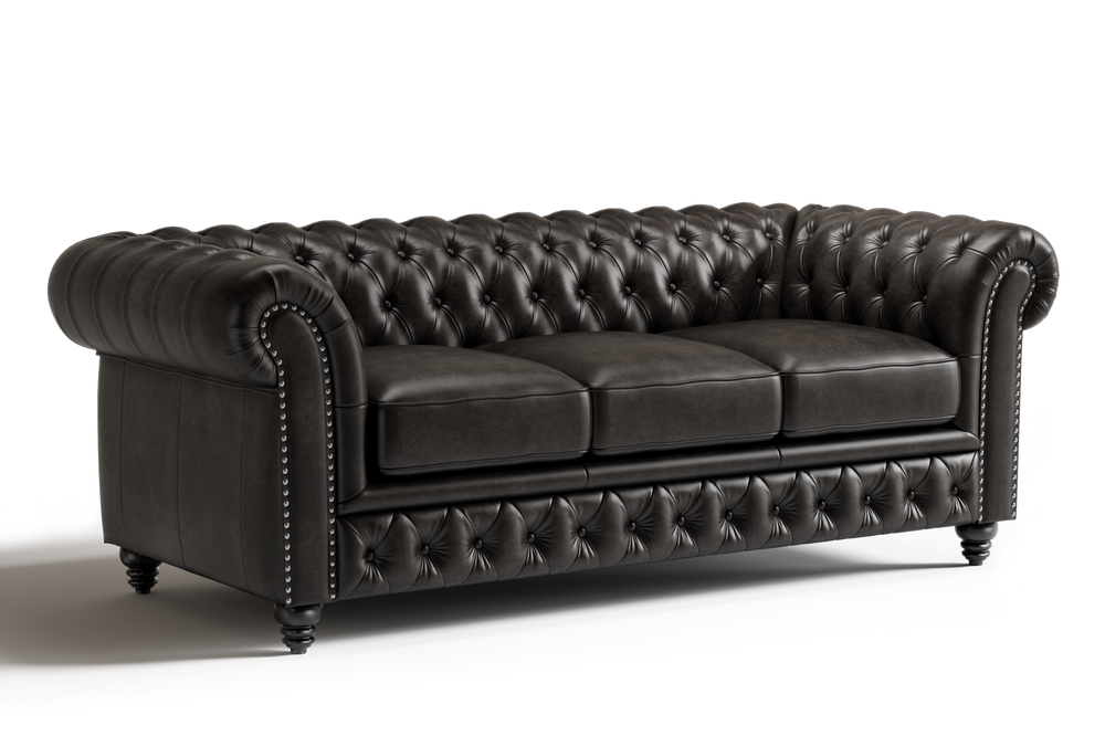 Valencia Parma 82" Full Aniline Leather Chesterfield Three Seats Sofa, Black