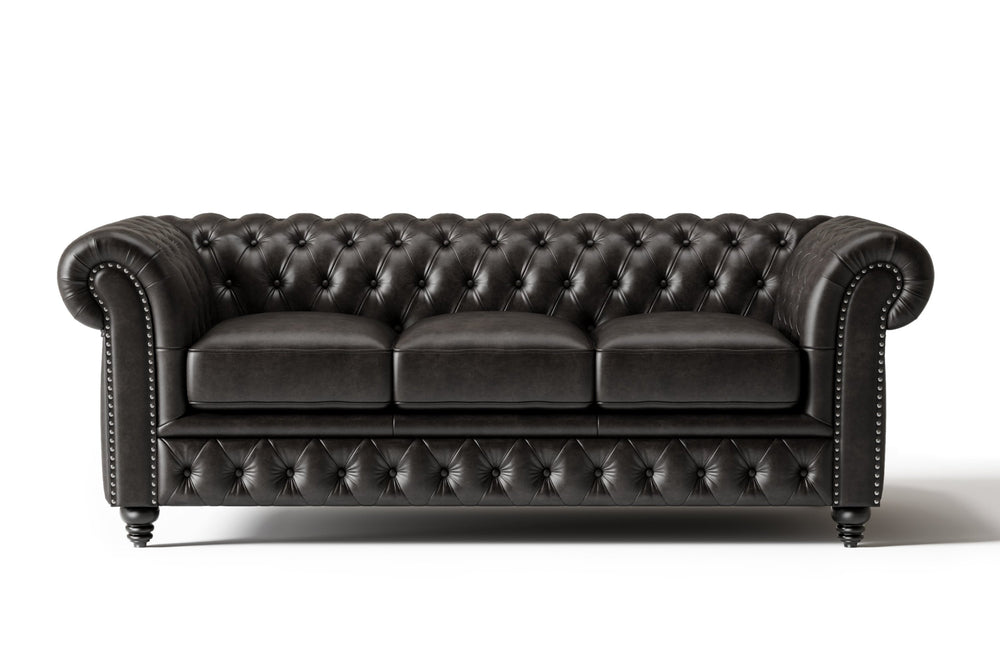 Valencia Parma 82" Full Aniline Leather Chesterfield Three Seats Sofa, Black