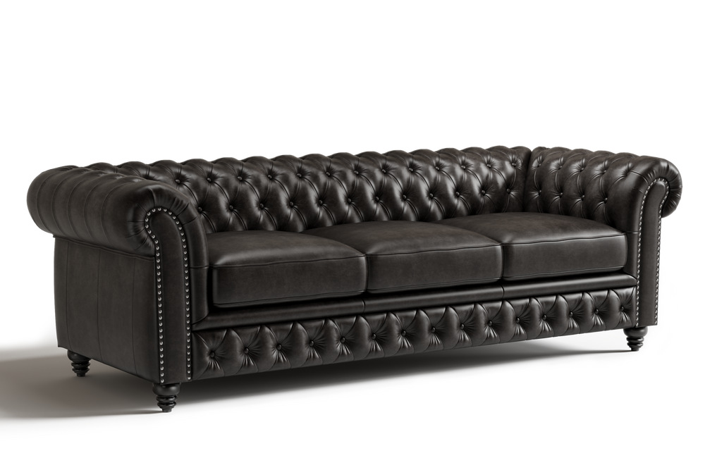 Valencia Parma 92" Full Aniline Leather Chesterfield Three Seats Sofa, Black Color