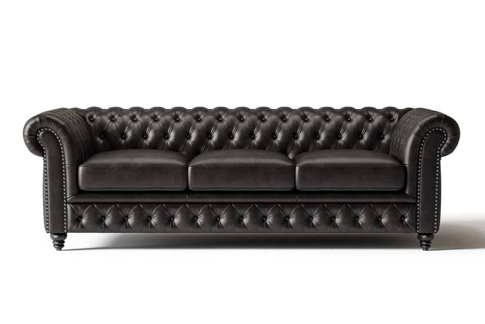 Valencia Parma 92" Full Aniline Leather Chesterfield Three Seats Sofa, Black Color