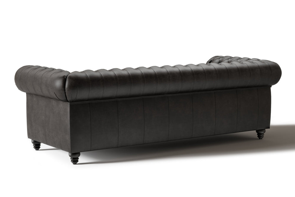 Valencia Parma 92" Full Aniline Leather Chesterfield Three Seats Sofa, Black Color