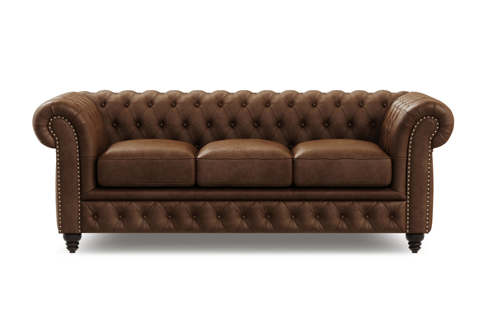 Valencia Parma 82" Full Aniline Leather Chesterfield Three Seats Sofa, Chocolate