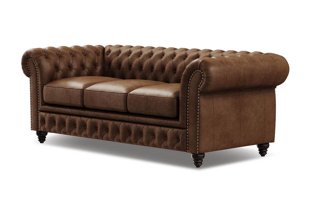 Valencia Parma 82" Full Aniline Leather Chesterfield Three Seats Sofa, Chocolate Color