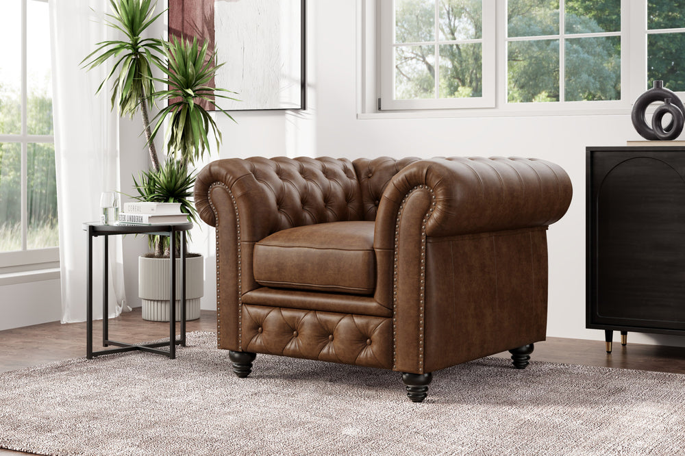 Valencia Parma Full Aniline Leather Chesterfield Single Sofa Accent Chair, Chocolate Color