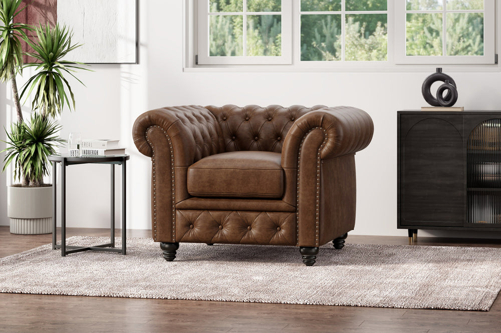 Valencia Parma Full Aniline Leather Chesterfield Single Sofa Accent Chair, Chocolate Color