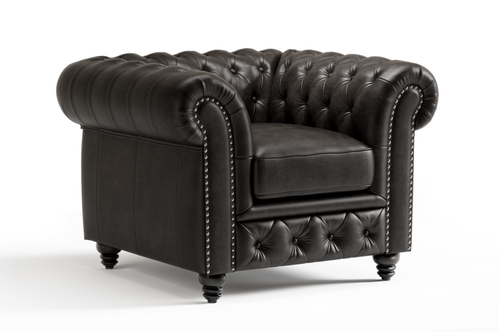 Valencia Parma Full Aniline Leather Chesterfield Single Sofa Accent Chair, Black Color