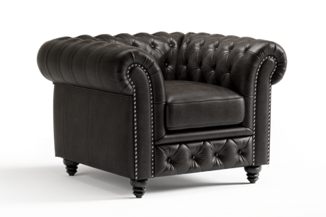 Valencia Parma Full Aniline Leather Chesterfield Single Sofa Accent Chair, Black