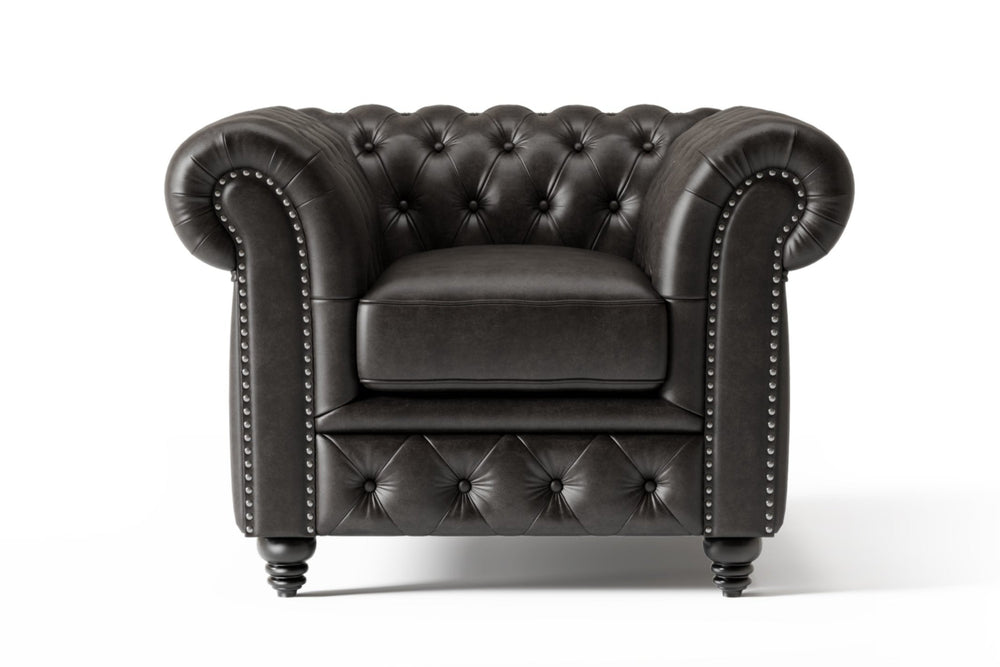 Valencia Parma Full Aniline Leather Chesterfield Single Sofa Accent Chair, Black Color