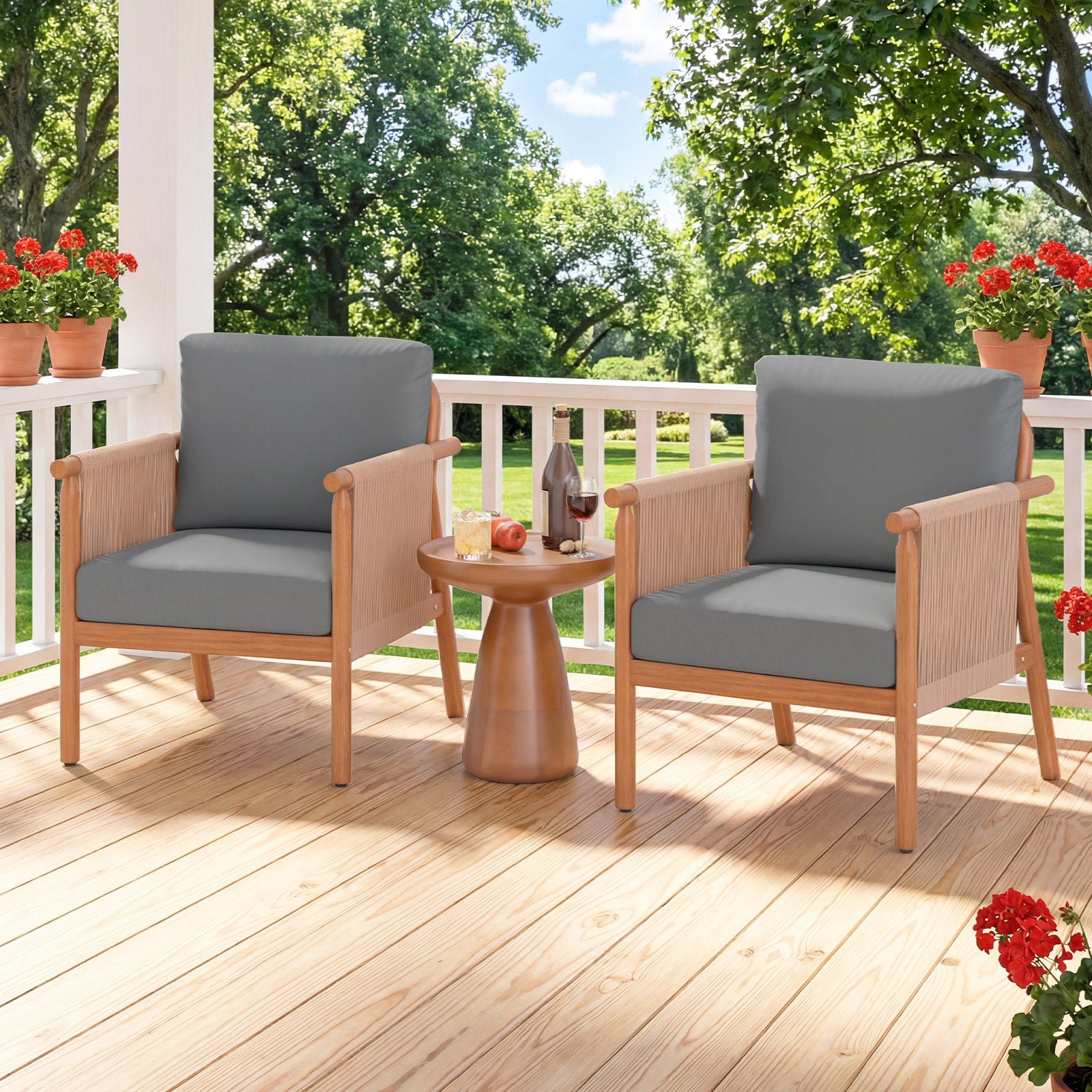 Patio Acacia Wood Chair Set of 4 with Woven Rope Armrests and Seat Back Cushions for Backyard