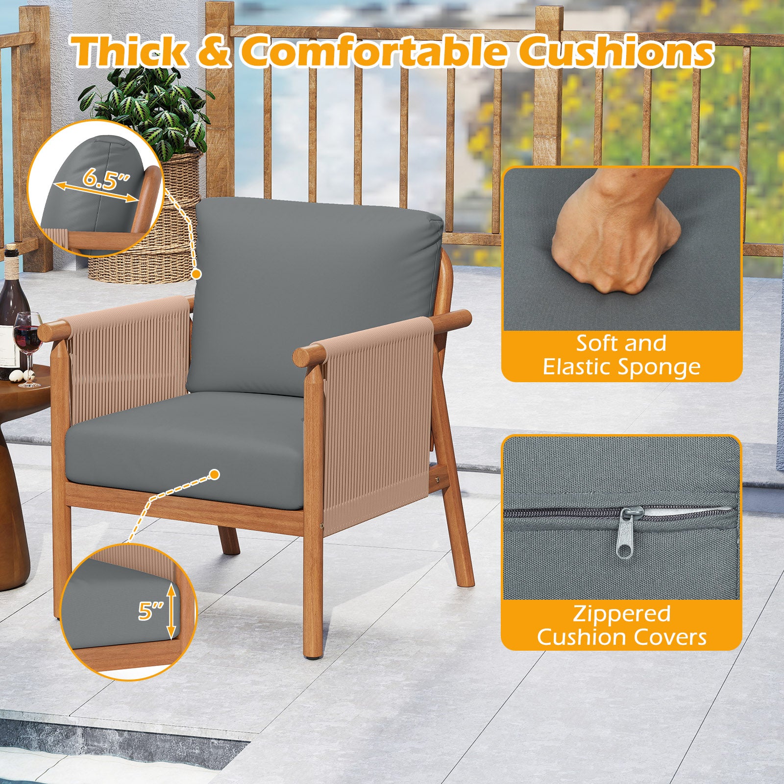 Patio Acacia Wood Chair Set of 4 with Woven Rope Armrests and Seat Back Cushions for Backyard