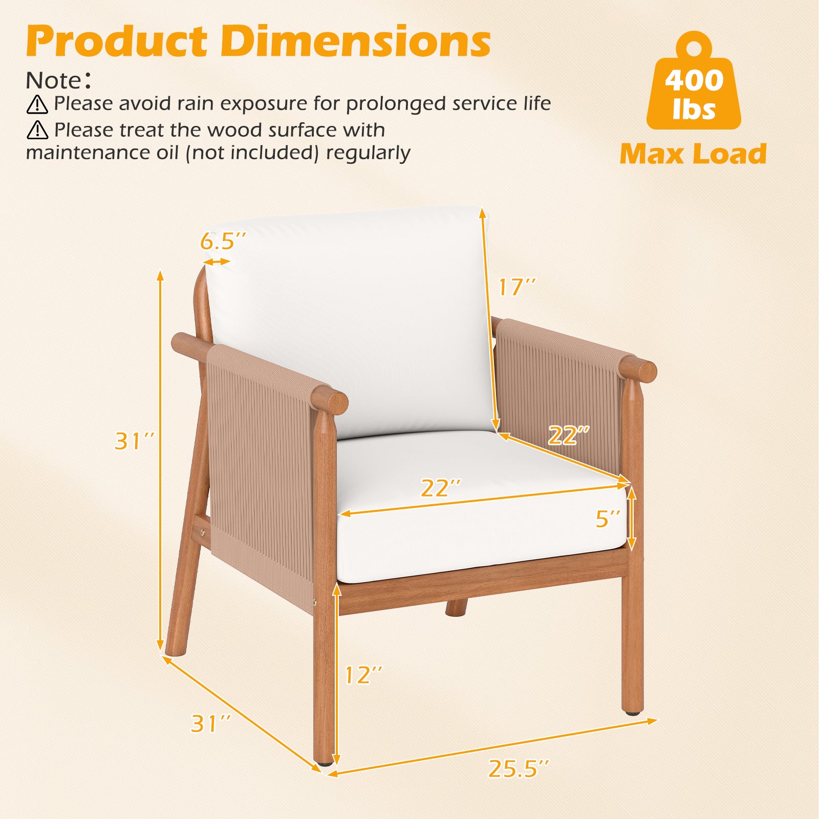 Patio Acacia Wood Chair Set of 4 with Woven Rope Armrests and Seat Back Cushions for Backyard
