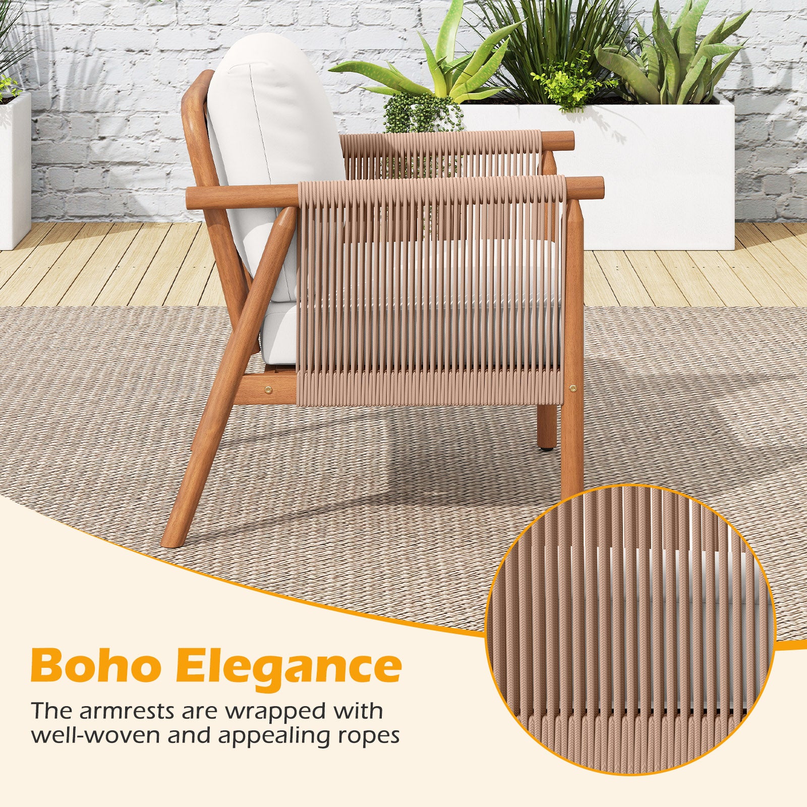 Patio Acacia Wood Chair Set of 4 with Woven Rope Armrests and Seat Back Cushions for Backyard