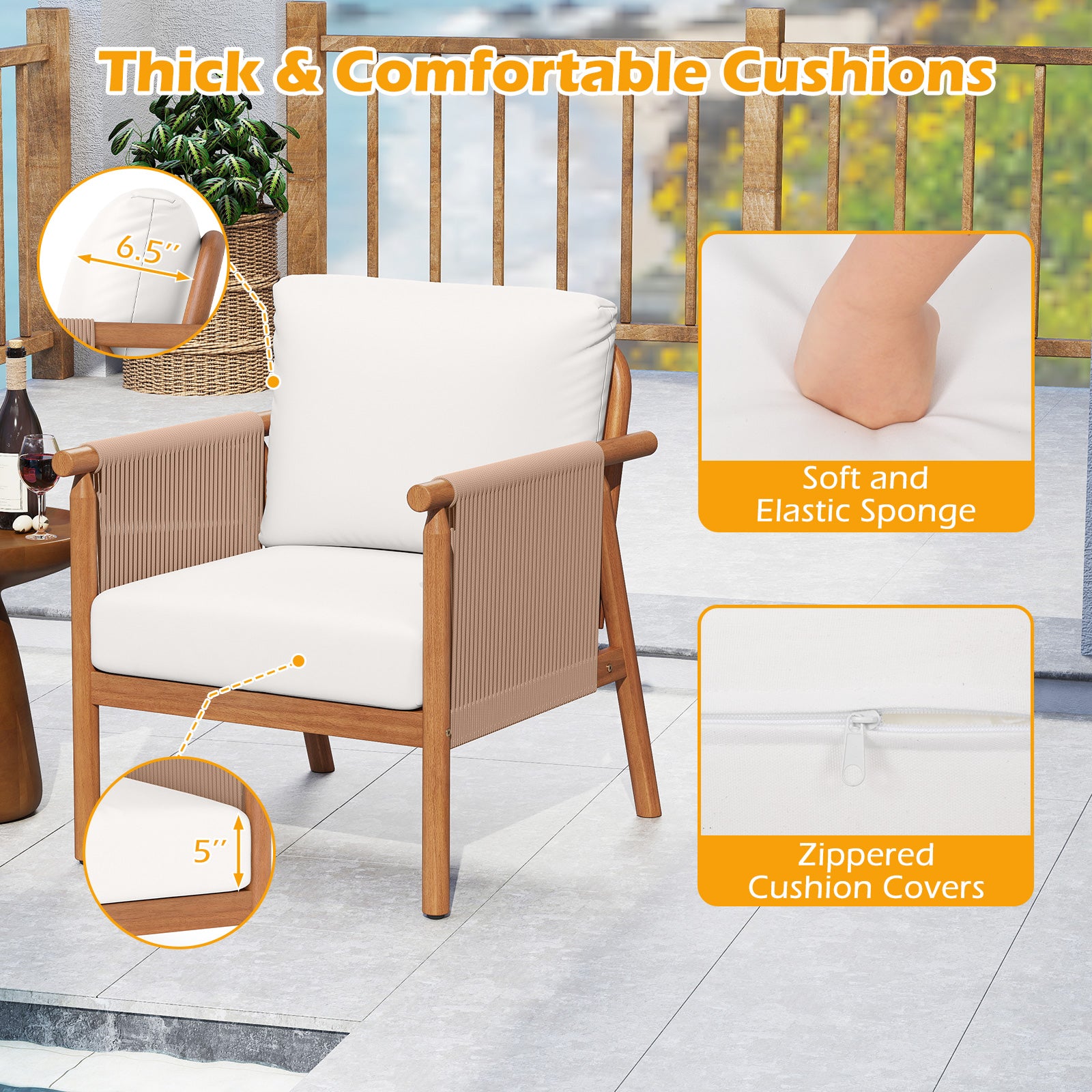 Patio Acacia Wood Chair Set of 4 with Woven Rope Armrests and Seat Back Cushions for Backyard