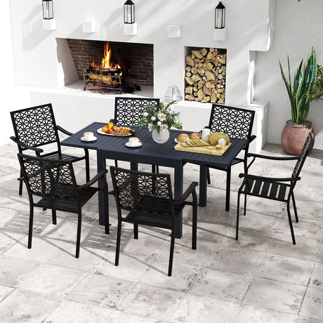 Patio Rectangular Aluminum Table and Stackable Armchairs Set with Slatted Tabletop and Seats