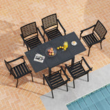 Patio Rectangular Aluminum Table and Stackable Armchairs Set with Slatted Tabletop and Seats