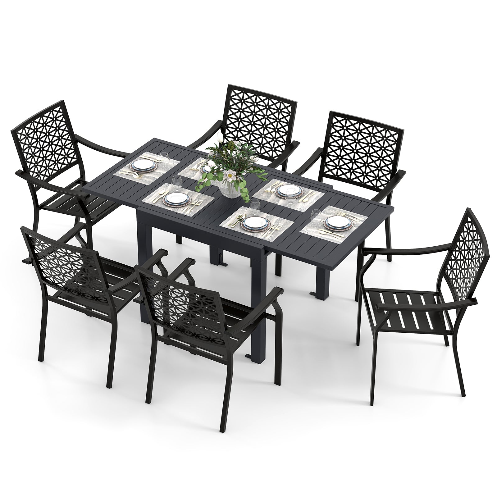 Patio Rectangular Aluminum Table and Stackable Armchairs Set with Slatted Tabletop and Seats