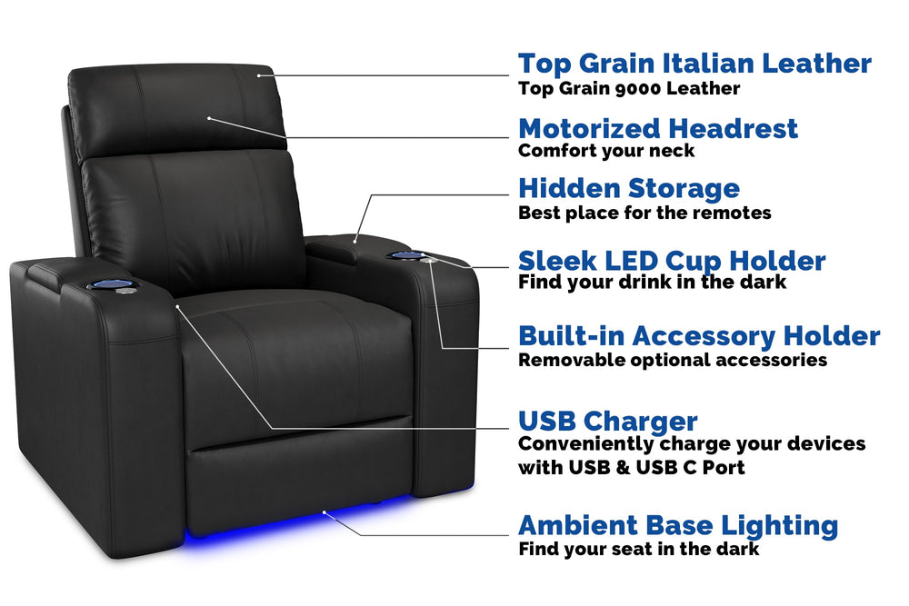 Valencia 2025 New Piacenza Leather Home Theater Seating Power Headrest Row of 2, Black