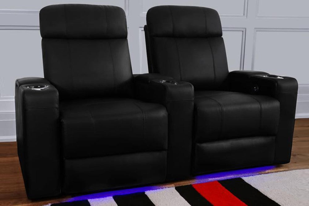 Valencia Piacenza Leather Home Theater Seating Power Headrest Row of 3, Black