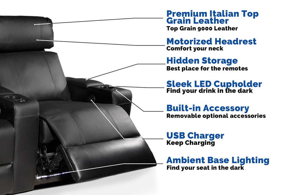 Valencia Piacenza Leather Home Theater Seating Power Headrest Row of 3, Black