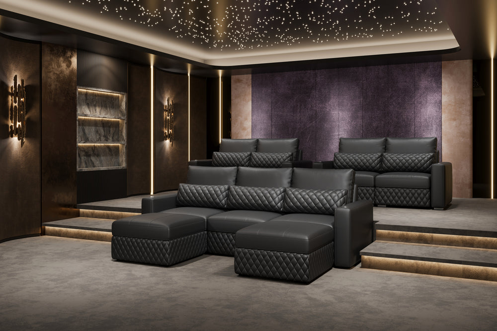 Valencia Pisa Ultimate Nappa 20000 Leather Lounge Sectional Sofa, Three Seats with 3 Ottomans, Black