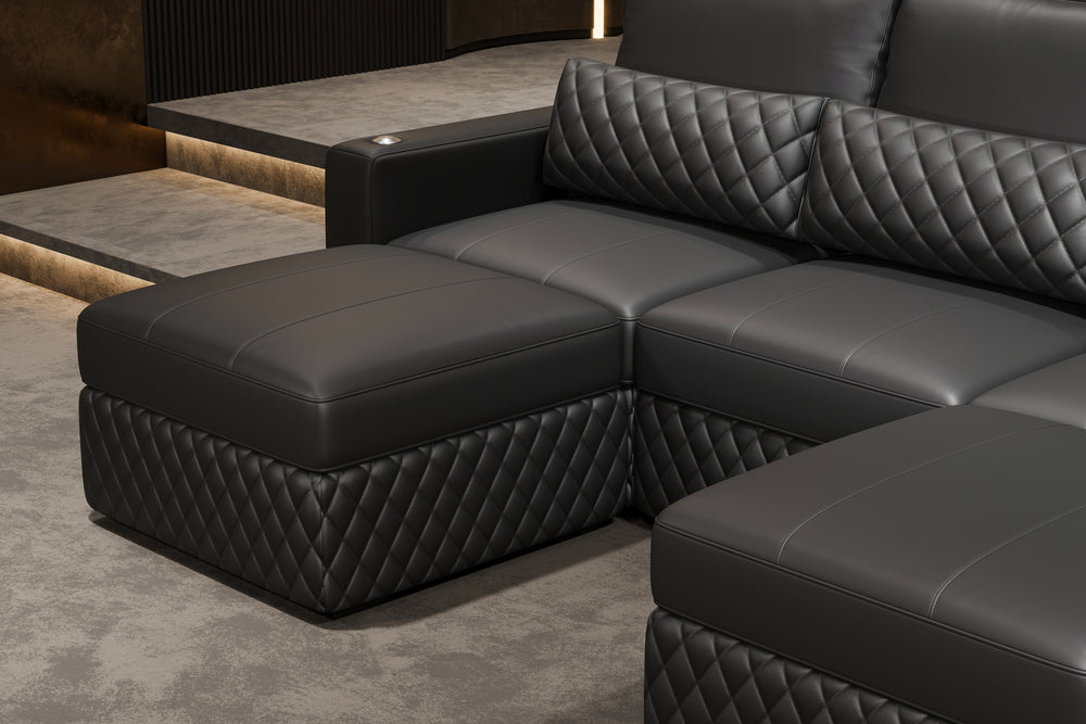 Valencia Pisa Ultimate Nappa 20000 Leather Lounge Sectional Sofa, Three Seats with 2 Ottomans, Black